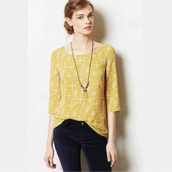 Anthropologie HD in Paris Eira Mustard Yellow Pattern Blouse - Picture 6 of 6
